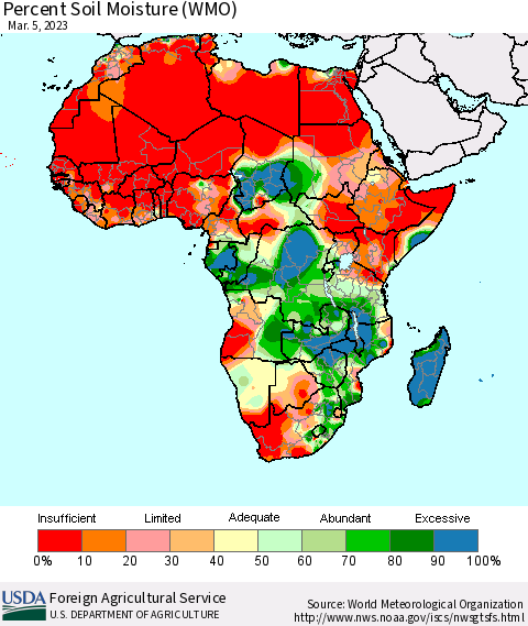 Africa Percent Soil Moisture (WMO) Thematic Map For 2/27/2023 - 3/5/2023