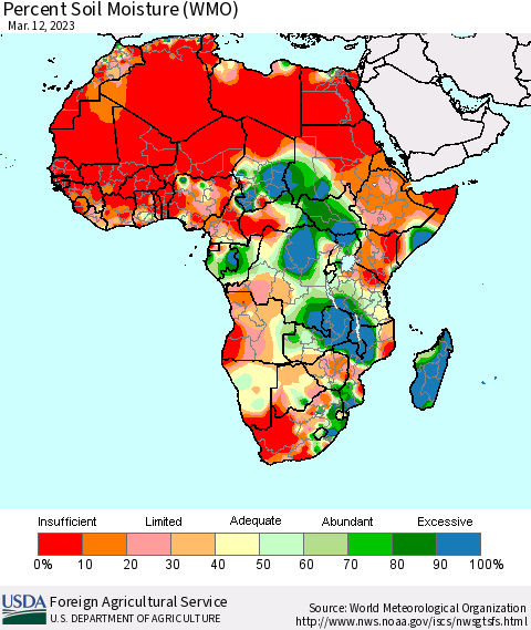 Africa Percent Soil Moisture (WMO) Thematic Map For 3/6/2023 - 3/12/2023