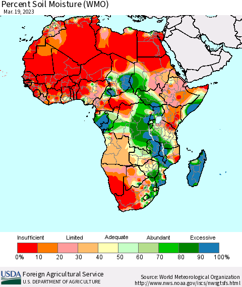Africa Percent Soil Moisture (WMO) Thematic Map For 3/13/2023 - 3/19/2023