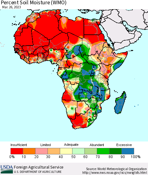 Africa Percent Soil Moisture (WMO) Thematic Map For 3/20/2023 - 3/26/2023