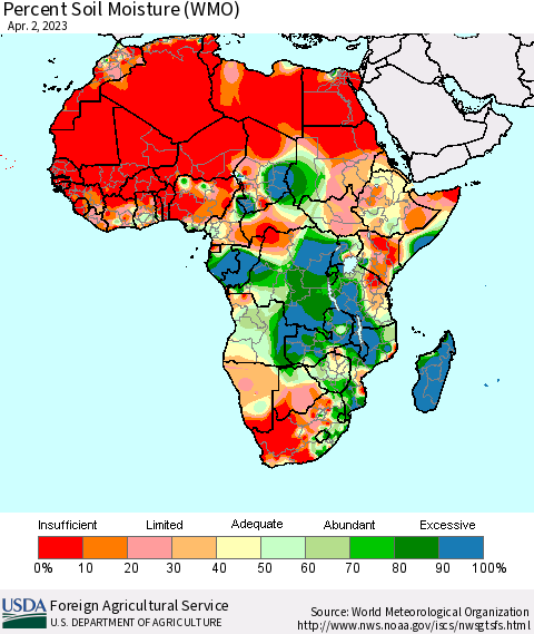 Africa Percent Soil Moisture (WMO) Thematic Map For 3/27/2023 - 4/2/2023
