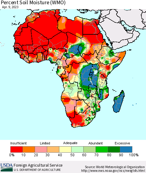 Africa Percent Soil Moisture (WMO) Thematic Map For 4/3/2023 - 4/9/2023