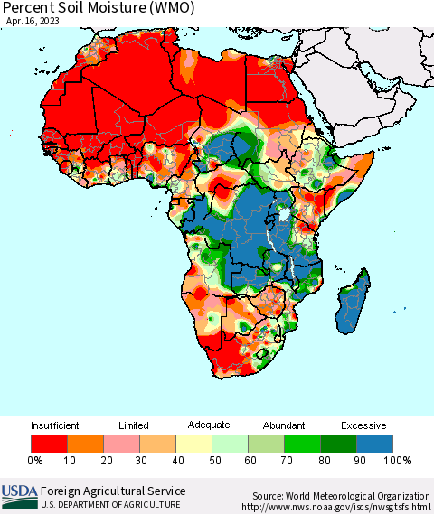 Africa Percent Soil Moisture (WMO) Thematic Map For 4/10/2023 - 4/16/2023