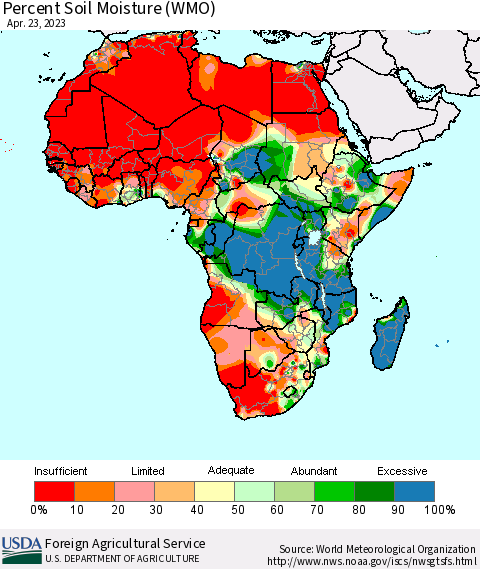 Africa Percent Soil Moisture (WMO) Thematic Map For 4/17/2023 - 4/23/2023