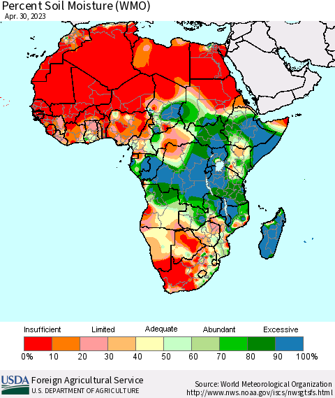Africa Percent Soil Moisture (WMO) Thematic Map For 4/24/2023 - 4/30/2023