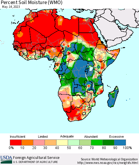 Africa Percent Soil Moisture (WMO) Thematic Map For 5/8/2023 - 5/14/2023