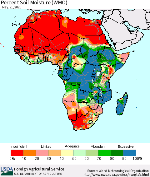Africa Percent Soil Moisture (WMO) Thematic Map For 5/15/2023 - 5/21/2023