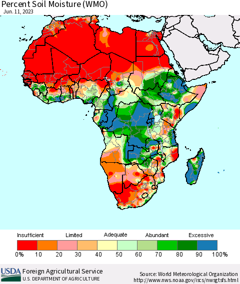 Africa Percent Soil Moisture (WMO) Thematic Map For 6/5/2023 - 6/11/2023