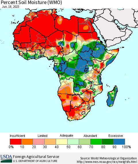 Africa Percent Soil Moisture (WMO) Thematic Map For 6/12/2023 - 6/18/2023