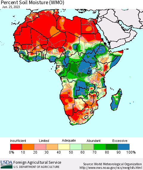 Africa Percent Soil Moisture (WMO) Thematic Map For 6/19/2023 - 6/25/2023