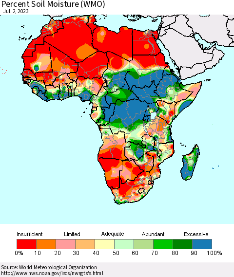 Africa Percent Soil Moisture (WMO) Thematic Map For 6/26/2023 - 7/2/2023