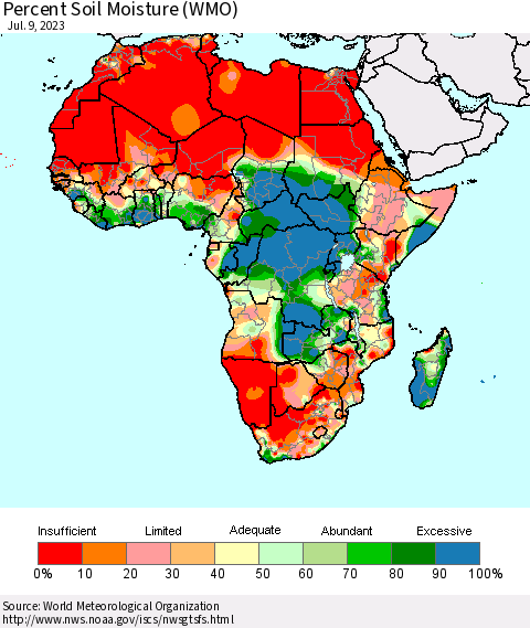 Africa Percent Soil Moisture (WMO) Thematic Map For 7/3/2023 - 7/9/2023