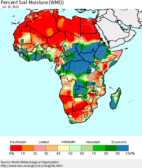 Africa Percent Soil Moisture (WMO) Thematic Map For 7/10/2023 - 7/16/2023