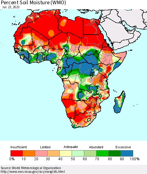 Africa Percent Soil Moisture (WMO) Thematic Map For 7/17/2023 - 7/23/2023