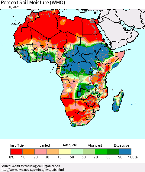 Africa Percent Soil Moisture (WMO) Thematic Map For 7/24/2023 - 7/30/2023