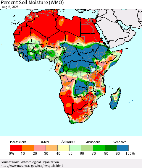 Africa Percent Soil Moisture (WMO) Thematic Map For 7/31/2023 - 8/6/2023
