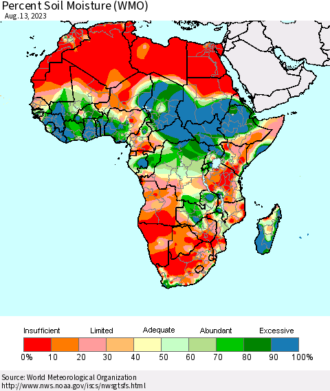 Africa Percent Soil Moisture (WMO) Thematic Map For 8/7/2023 - 8/13/2023