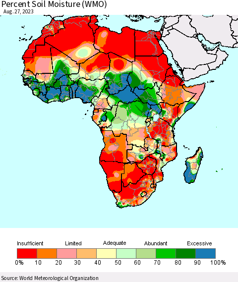 Africa Percent Soil Moisture (WMO) Thematic Map For 8/21/2023 - 8/27/2023
