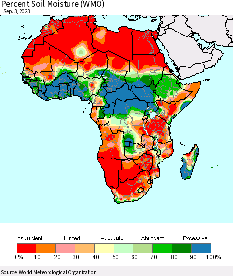 Africa Percent Soil Moisture (WMO) Thematic Map For 8/28/2023 - 9/3/2023