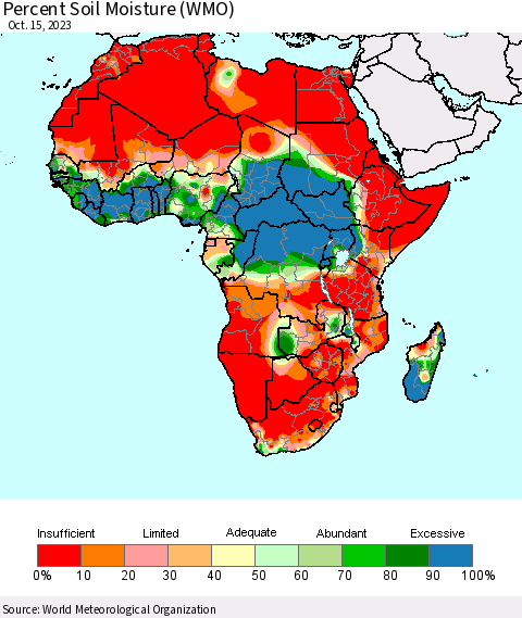Africa Percent Soil Moisture (WMO) Thematic Map For 10/9/2023 - 10/15/2023
