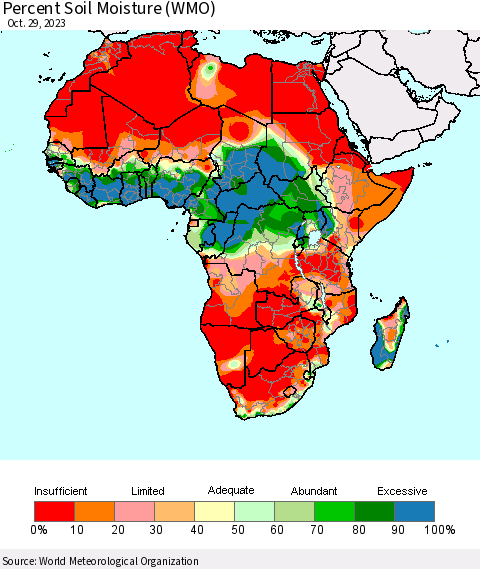 Africa Percent Soil Moisture (WMO) Thematic Map For 10/23/2023 - 10/29/2023