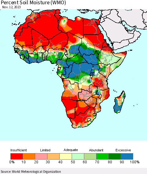 Africa Percent Soil Moisture (WMO) Thematic Map For 11/6/2023 - 11/12/2023