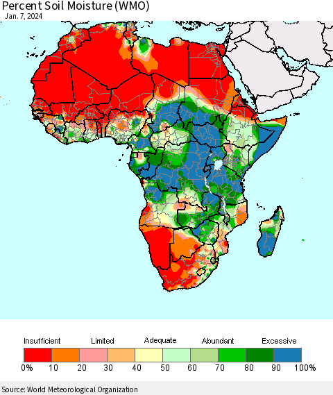 Africa Percent Soil Moisture (WMO) Thematic Map For 1/1/2024 - 1/7/2024