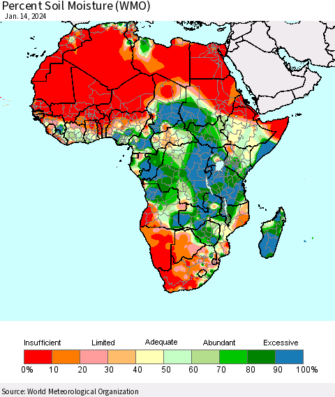 Africa Percent Soil Moisture (WMO) Thematic Map For 1/8/2024 - 1/14/2024