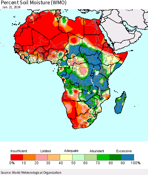Africa Percent Soil Moisture (WMO) Thematic Map For 1/15/2024 - 1/21/2024