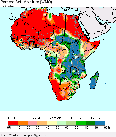 Africa Percent Soil Moisture (WMO) Thematic Map For 1/29/2024 - 2/4/2024