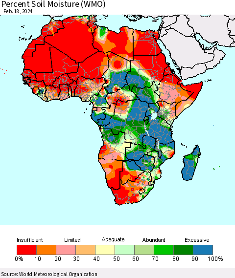 Africa Percent Soil Moisture (WMO) Thematic Map For 2/12/2024 - 2/18/2024