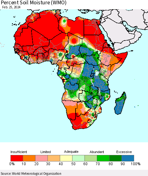 Africa Percent Soil Moisture (WMO) Thematic Map For 2/19/2024 - 2/25/2024