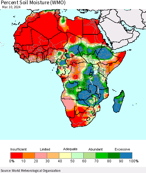 Africa Percent Soil Moisture (WMO) Thematic Map For 3/4/2024 - 3/10/2024