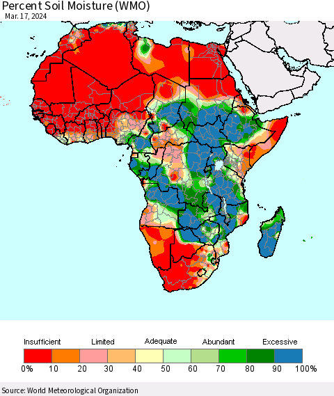 Africa Percent Soil Moisture (WMO) Thematic Map For 3/11/2024 - 3/17/2024