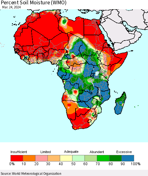 Africa Percent Soil Moisture (WMO) Thematic Map For 3/18/2024 - 3/24/2024