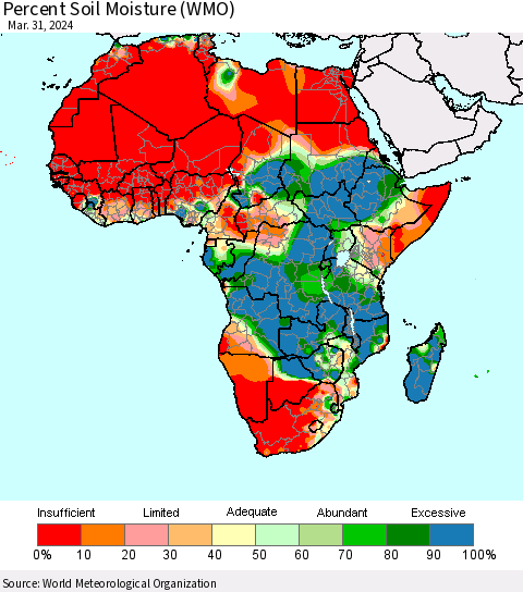 Africa Percent Soil Moisture (WMO) Thematic Map For 3/25/2024 - 3/31/2024