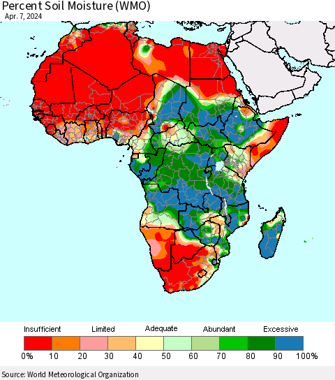 Africa Percent Soil Moisture (WMO) Thematic Map For 4/1/2024 - 4/7/2024