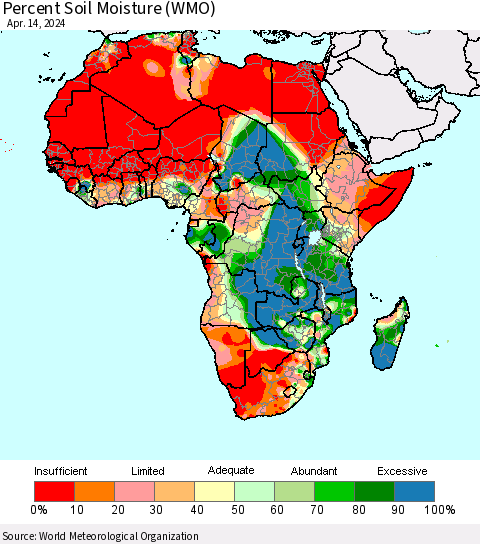 Africa Percent Soil Moisture (WMO) Thematic Map For 4/8/2024 - 4/14/2024