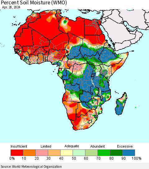 Africa Percent Soil Moisture (WMO) Thematic Map For 4/22/2024 - 4/28/2024