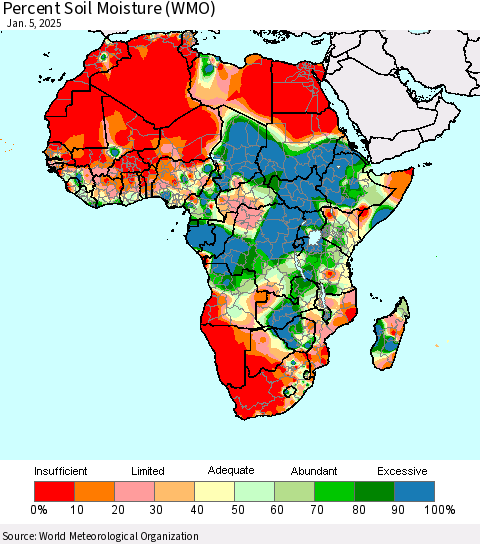 Africa Percent Soil Moisture (WMO) Thematic Map For 12/30/2024 - 1/5/2025