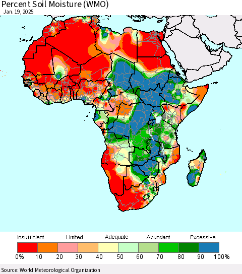 Africa Percent Soil Moisture (WMO) Thematic Map For 1/13/2025 - 1/19/2025
