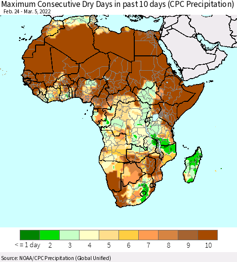 Africa Maximum Consecutive Dry Days in past 10 days (CPC Precipitation) Thematic Map For 3/1/2022 - 3/5/2022