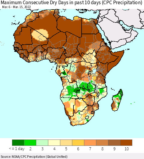 Africa Maximum Consecutive Dry Days in past 10 days (CPC Precipitation) Thematic Map For 3/11/2022 - 3/15/2022