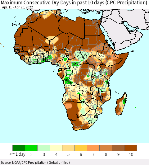 Africa Maximum Consecutive Dry Days in past 10 days (CPC Precipitation) Thematic Map For 4/16/2022 - 4/20/2022