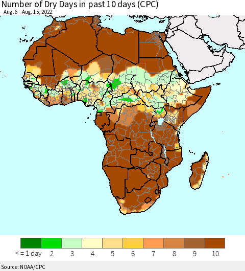 Africa Maximum Consecutive Dry Days in past 10 days (CPC Precipitation) Thematic Map For 8/11/2022 - 8/15/2022