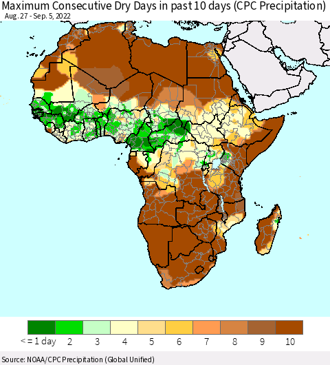 Africa Maximum Consecutive Dry Days in past 10 days (CPC Precipitation) Thematic Map For 9/1/2022 - 9/5/2022