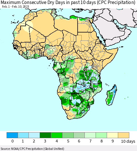 Africa Maximum Consecutive Dry Days in past 10 days (CPC Precipitation) Thematic Map For 2/6/2023 - 2/10/2023