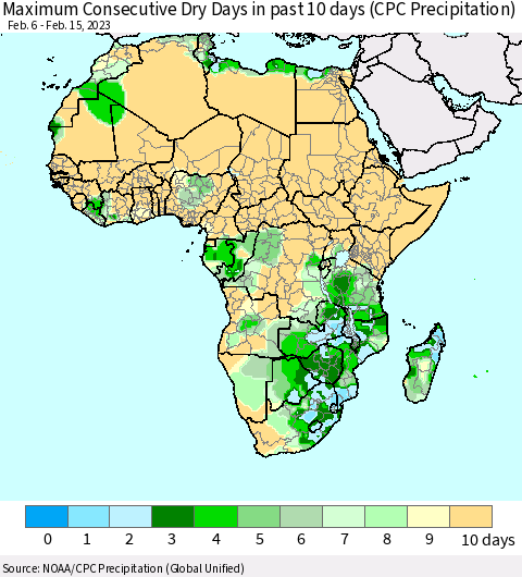 Africa Maximum Consecutive Dry Days in past 10 days (CPC Precipitation) Thematic Map For 2/11/2023 - 2/15/2023