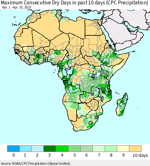 Africa Maximum Consecutive Dry Days in past 10 days (CPC Precipitation) Thematic Map For 4/6/2023 - 4/10/2023