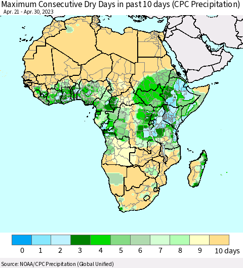 Africa Maximum Consecutive Dry Days in past 10 days (CPC Precipitation) Thematic Map For 4/26/2023 - 4/30/2023